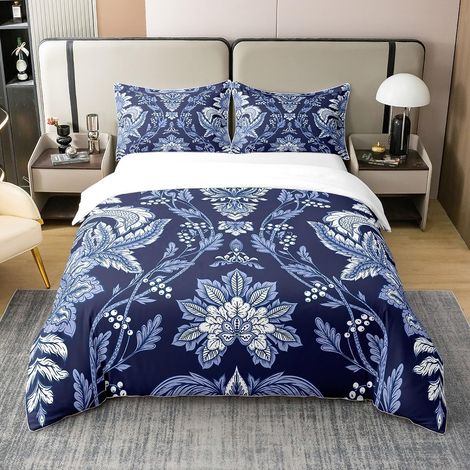 Housse de Couette 200x200 Adulte Coton, Parure de Lit Fleurie Baroque pour Femmes Hommes, Ensemble de Literie Damassé Baroque avec Fleurs Victoriennes, Housse Couette Bleu Marine (1/5)