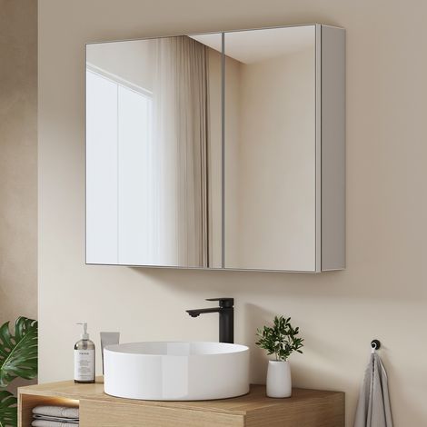 EMKE Spiegelschränke 80x65cm Spiegelschrank Badschrank Badezimmerwaschtisch mit Einwegspiegel Trennwand Doppeltüren (Weiß)