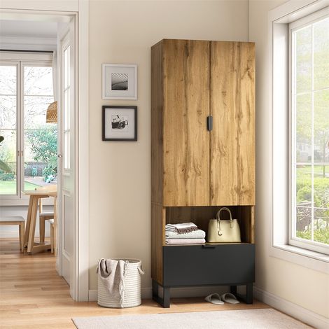 Vestiaire d'Entrée Design 65x38x180cm - Armoire Penderie avec Tiroir, Étagères Ajustables et Pieds en Métal - Chêne et Noir (1/5)