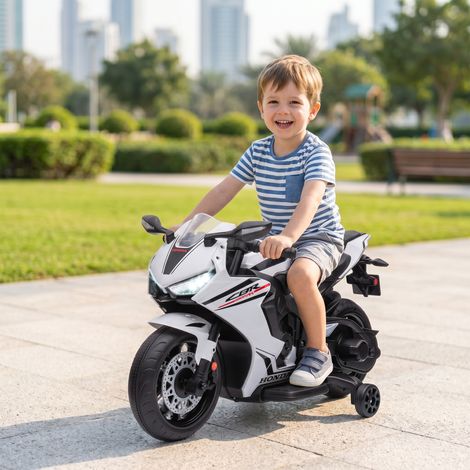 Moto Électrique Enfants sous Licence HONDA 6 V, 3 Km/h, Musique & Lumière, 2 Roues d'Entraînement, Blanc (1/5)