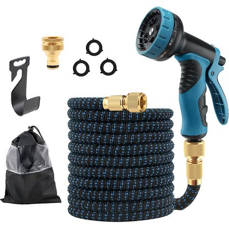 Tuyau d'arrosage extensible avec buse à 10 modes de pulvérisation, raccords en laiton, noir et bleu — Tuyau d'eau rétractable et léger avec sac de rangement7.5m-DELKEVIC