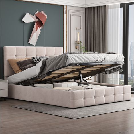 Letto Contenitore 140x200 cm con Rete Rialzabile in Tessuto Velluto Crema (1/5)