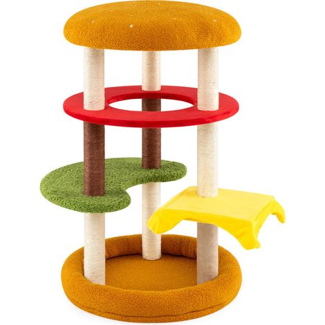 Espace de jeu et de repos, arbre à chat moderne jaune avec perchoir rembourré, lit de base et poteaux à griffer (1/5)