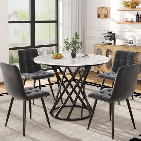 CHICFURN Conjunto de mesa y 4 sillas de 80 cm en MDF blanco efecto mármol, cocina moderna (1/5)