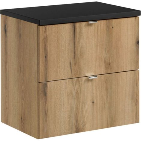 Hängendes Badezimmer-Set VANO in Eichen- und Schwarzoptik, 60 cm: Unterschrank mit Schubladen + Platte für Waschbecken