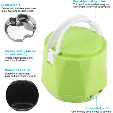 Cuiseur à riz/cuiseur vapeur électrique portable multifonctionnel 24 V 140 W 1,6 L pour camion (vert) (1/5)
