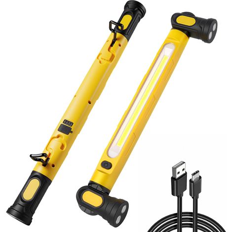Lampe de Travail, Baladeuse LED Rechargeable 5000mah, Lampe LED Rechargeable Aimantée, 3 Modes Baladeuse led Mecanicien avec Crochets, lampe Aimantée, pour Reparation Auto, Atelier, Camping [Classe én (1/5)