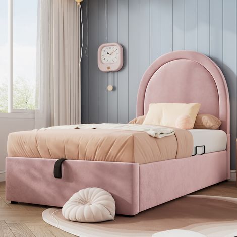 Lit enfant rembourré en velours - 90x190cm - avec rangement - Rose (1/5)