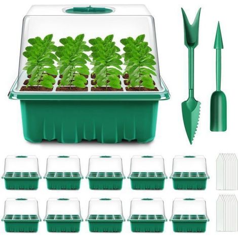 Mini Serre pour Plantes, 10 Pièces 120 Cellules Plaque Semis, Serre Interieur avec couvercles rehaussés, Bac à semis Pépinière (1/4)
