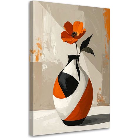 Quadro su tela, Un fiore arancione in un vaso decorativo bianco e arancione. - 40x60 (1/2)
