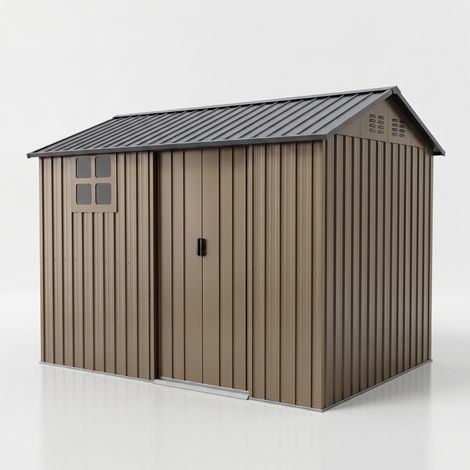 Gerätehaus Metall 4qm Verzinkter Stahl Gartenschuppen mit Schiebetür & Fenster, Braun-Schwarz, 255x184x193 cm
