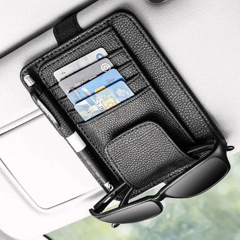 (noir) Pare-soleil de voiture avec porte-cartes de visite, porte-stylo, organiseur CD/DVD, boîte de rangement, clip pour lunettes de soleil, accessoires de voiture (1/5)