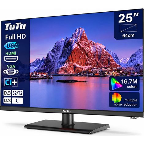 TuTu TU25Q1F-EM TV 25 Inch (64 cm), Full HD TV with Triple Tuner (DVB-T/T2-C-S/S2), HDMI, VGA, USB Multimedia Player, CI+, Hotel Model for Bedroom Kitchen, 220 Volts (1/5)
