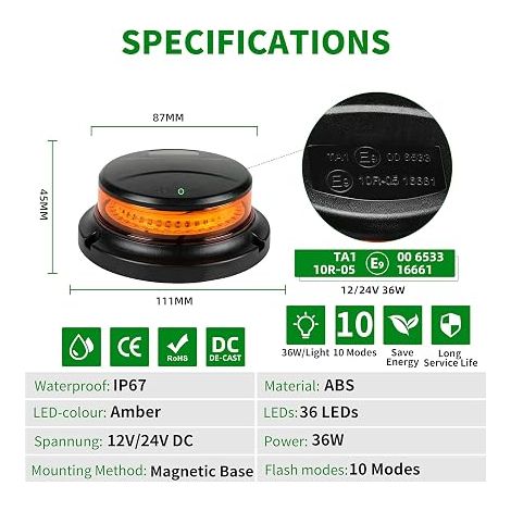Luce di segnalazione a LED, 12 V/24 V, luce piatta magnetica a LED con cavo da 3 metri, modalità di lampeggio per carrello elevatore, trattore, golf cart (1/4)