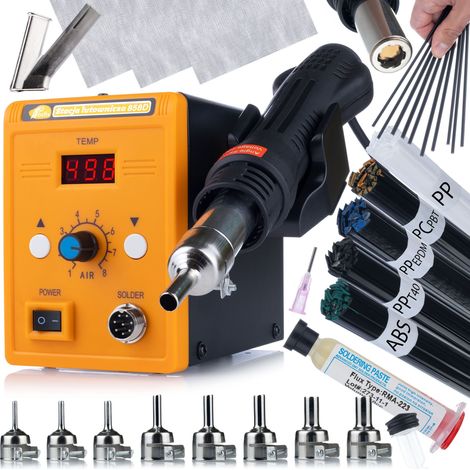 Rosfix Set 858D Heißluft-Lötstation – 700 W, 100–500 °C, 8 Düsen, Flux, 6 Kunststoff-Schweißdrähte, 3 Gitter Für Elektronik & Kunststoffreparatur Löttechnik (1/5)
