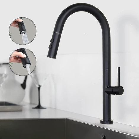 Shanfo Küchenarmatur, schwarz, Mischbatterie mit ausziehbarer Brause, 360° schwenkbarer Spültischmischer mit 2 Strahlarten, Einhebelmischer, modernes Design - YUHAO (1/5)