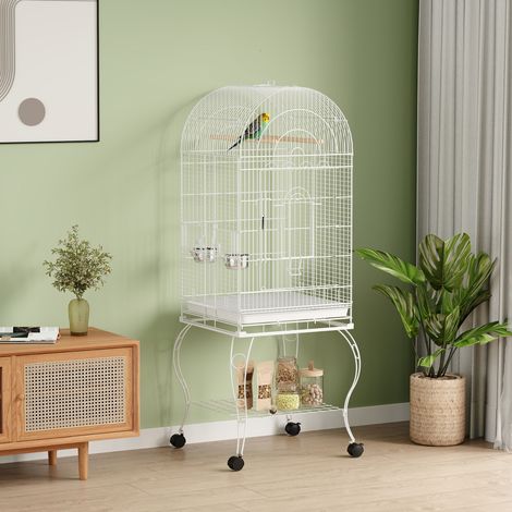 Jaula para Pájaros con Ruedas y Estante 51x51x153 cm con Parte Superior Abatible Comederos y Bandeja Extraíble Blanco (1/5)