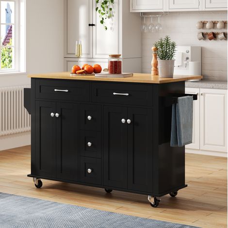 Carrello da cucina 140x40(65)x89 cm nero/naturale con piano apribile e ampia capacità (1/5)