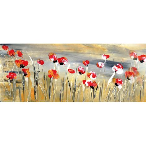 Tableau fleuri rouge et doré pour cuisine | Tableau sur toile fleurs coquelicots | Tableau nature coloré floral idéal pour salon  - 1,0 x 0,4 m (1/2)