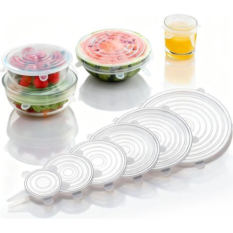 Lot de 6 couvercles alimentaires ronds en silicone réutilisables pour bols, tasses et récipients, passent au lave-vaisselle et au réfrigérateur (blanc) (1/5)