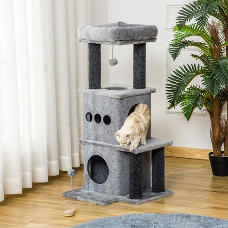 PawHut Arbre à chats design cosy chic multi-équipements centre d'activités niches plateformes lit jeu boule feutres amovibles lavables panneaux de particules peluche courte 48 x 48 x 100 cm gris