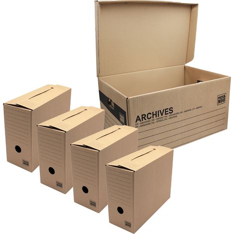 Pack and Move - Lot de 4 boites archives Taille M - 54 x 36 x 28 cm - Caisse de stockage incluse