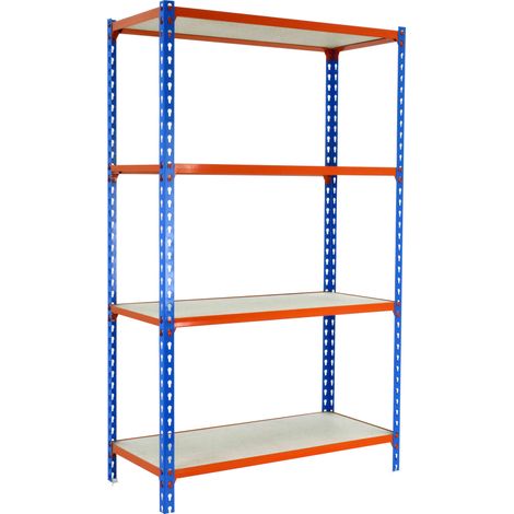 SimonRack Scaffale Portaoggetti, 1500x1200x400 mm, 4 Ripiani in Legno, Portata 200 kg per Ripiano, Scaffale da Garage, Blu/Arancione/Legno – Maderclick