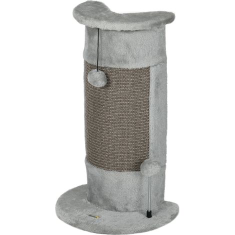 Arbre à chat avec jouets, dont 2 balles. Peluche douce, 34 cm x 25,5 cm x 58 cm, gris.