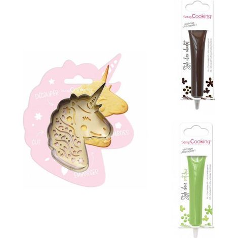 Kit pour biscuit en relief Licorne + 2 Stylos au chocolat marron et vert clair