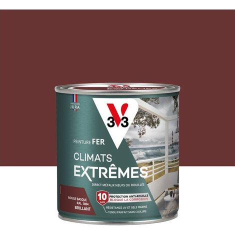 V33 – Peinture fer antirouille Climats Extrêmes RAL 3004 rouge basque brillant 0,5L – Résistance aux UV et à la corrosion – Application directe sur rouille