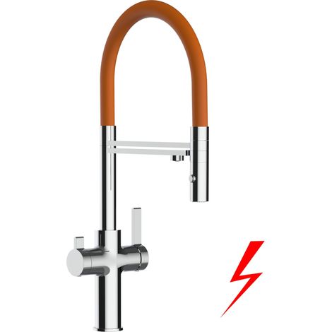 NIEDERDRUCK 3 Wege Wasserhahn Küchenarmatur Spültischmischer, Verchromt mit 360° schwenkbarem Auslauf, abnehmbare 2 strahl Handbrause, Flex-Schlauch oben in Orange - VZFC Linie (1/5)