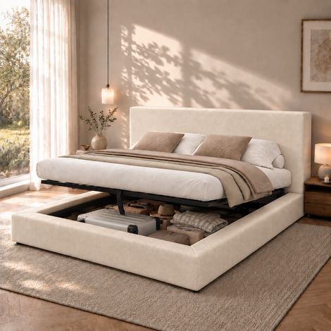 Lit rembourré, tête de lit, 180 x 200 cm, chenille, beige (1/5)