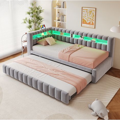 Canapé-lit gigogne 90x200 cm gris clair en velours avec LED, ports USB et USB-C (1/5)