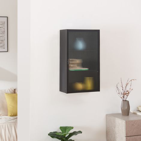 Armadietto a Parete Zundert Pensile ad Anta in Vetro Scanalato 60 x 35 x 15 cm - Nero [en.casa]