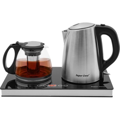 Bouilloire électrique en acier inoxydable, théière 1,8 L 1800 W avec fonction maintien au chaud, protection contre la surchauffe et théière (station thé avec bouilloire, théière et plaque chauffante)