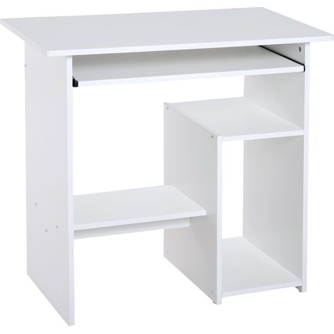 Bureau d'ordinateur blanc avec rangement, plateau clavier coulissant et support écran, 80x45x75 cm, poste de travail pratique. (1/5)