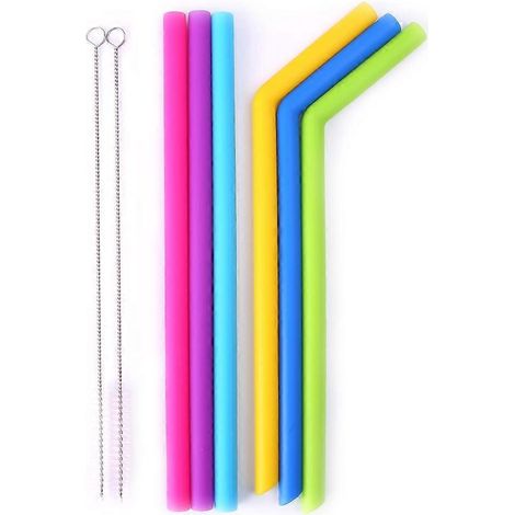 Wiederverwendbares, lebensmittelechtes Silikon-Trinkhalm-Set mit abgewinkeltem, geradem Strohhalm und Bürsten (Neu) (1/5)