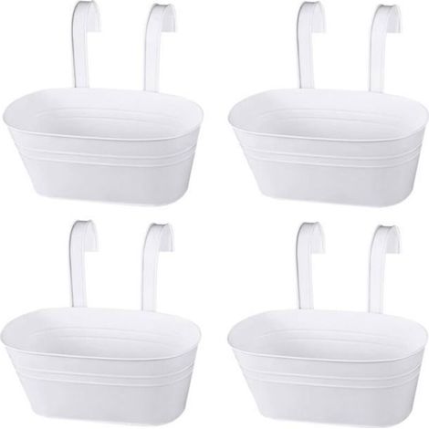 4 Hanging Metal Flower Pots with Drainage Holes, Ideal for Balcony, White with Removable Hook (1/5)