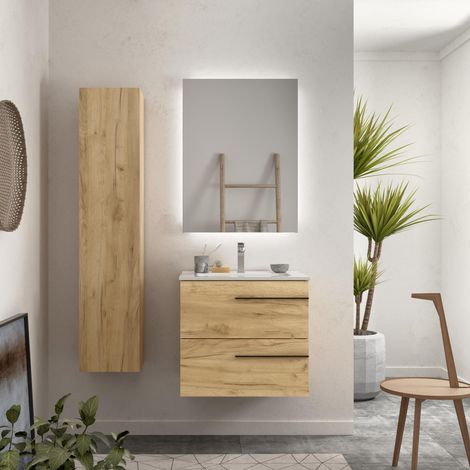 Meuble de salle de bain YARA 60cm Chêne Vasque Porcelaine Centrale (1/5)