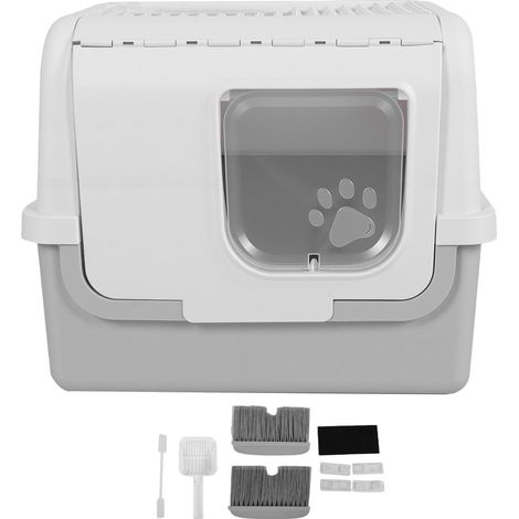 Bac à litière pour chat Extra Large 3 en 1, avec couvercle, cuillère, canal de brosse de toilettage, marche antidérapante, chat fermé (1/5)