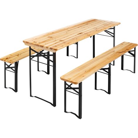 Oviala – Ensemble brasserie table extensible 180 cm avec 2 bancs pliants en bois – Structure acier époxy – Charge max 200kg table, 350kg bancs