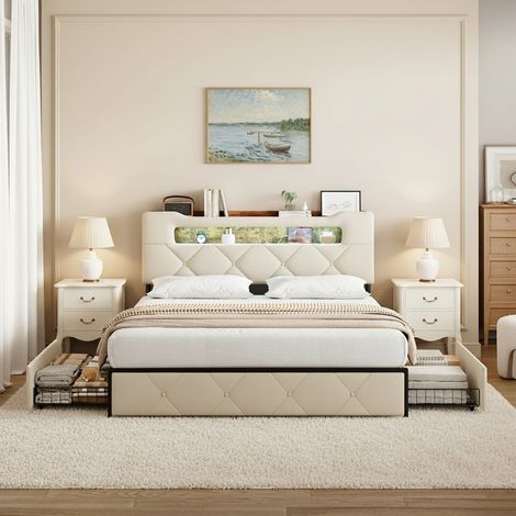 Letto matrimoniale 160x200 cm - Letto matrimoniale in velluto, con 4 cassetti di stoccaggio, illuminazione LED, porta USB e ripiano nella testiera - Struttura in metallo e rete a doghe - Beige