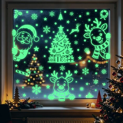 Autocollants Père Noël phosphorescents, autocollants en verre rennes fluorescents, autocollants électrostatiques flocons de neige verts lumineux, décorations de fenêtre.