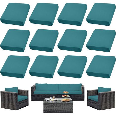 Ensemble de 8 housses de coussins pour terrasseHousses pour canapés d'extérieurHousses extensibles pour coussins de canapéProtections pour meubles lavables et réutilisables (12, Bleu paon)
