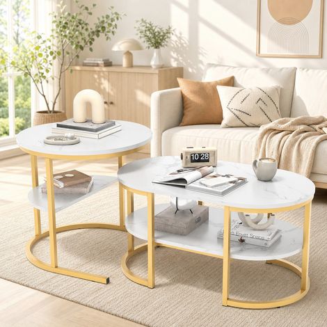 Lot de 2 tables basses gigognes, ronde Ø52xH51 cm et ovale 80x46xH41 cm, plateau MDF imitation marbre blanc, cadre métal doré, style moderne pour salon (1/5)