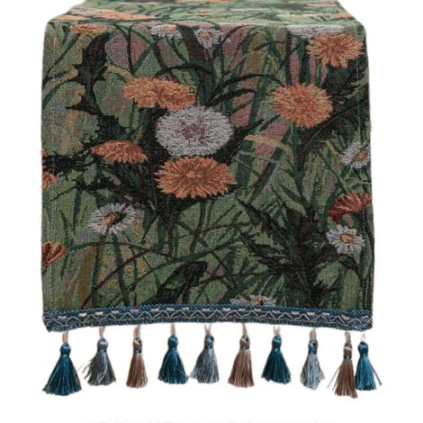 Chemin de table style ferme avec franges tissées à la main, élégant pour la décoration de la salle à manger, 120/140/160/180 cm, motif pissenlit vert (1/5)
