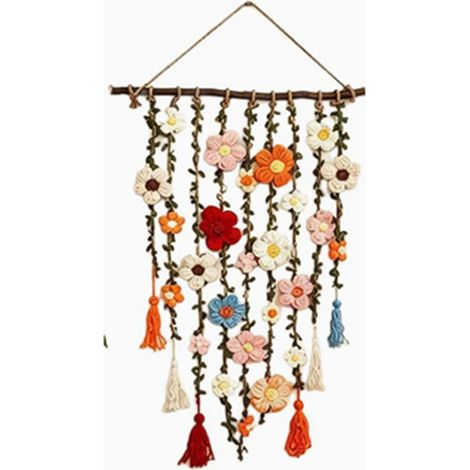 Decoración de pared de macramé hecha a mano con flores de ganchillo estilo bohemio, 80 cm, de algodón, para sala de estar/dormitorio. (1/5)