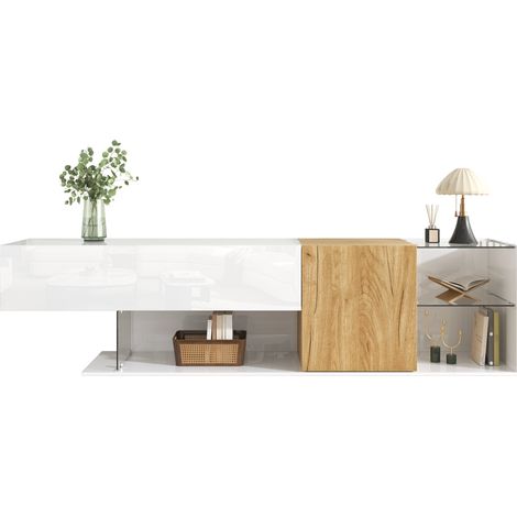 TV-Lowboard mit 2 Türen und Glasablagen, Weiß Hochglanz und Holzoptik, 180×38×48 cm, aus Spanplatte, Natur Weiß (1/5)