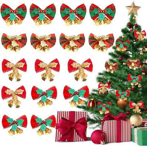 Noeud Rouge Noel 16 pièces, Noeud Sapin de Noel Rouge, Décoration Sapin de Noël pour Les Suspensions d'arbres de Noël, Décorations de Boîtes de Cadeaux, Décorations de Fêtes (4,5x3cm) (1/5)