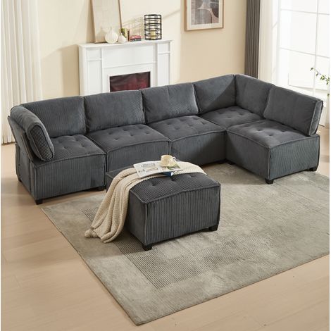 Divano modulare 308x154x81.99 cm, 6 posti, trasformabile in U o L e letto, tessuto a coste grigio (1/5)